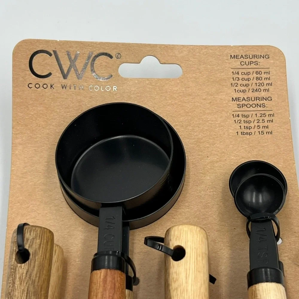 CWC Acacia Wood Measuring Cups Spoons Set 8pc Black SMS812 New